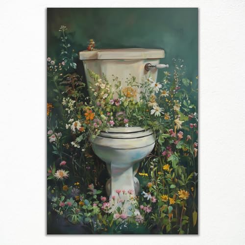 Floral Bathroom Canvas Wall Art, Colorful Flowers Dark Green Aesthetic Poster, Moody Wildflowers Botanical Print, Funny Toilet with Plants Painting Picture for Guestroom Wall 8x12in Unframed
