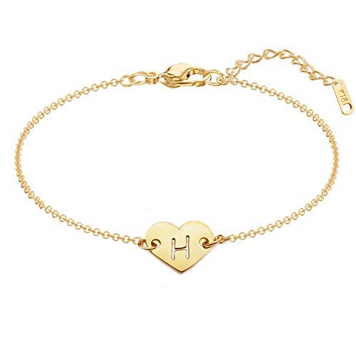 Heart Initial Bracelet, 18K Gold Plated Stainless Steel Lovely Heart Charm Bracelet Dainty Small Letter H Bracelet Personalized Monogram Name Bracelet for Women Girls