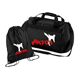Sporttasche Karate mit Namen für Jungen | Personalisierte Kinder-Reisetasche Kampfsport Judo | Groß für Sport-Verein (schwarz 2-TLG. mit Turnbeutel)