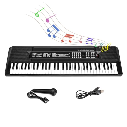 M SANMERSEN Kids Music Keyboard, 61-Key Portable Electronic Piano Toy with Microphone, Teaching Tool for Beginners, Ages 3-12, Black