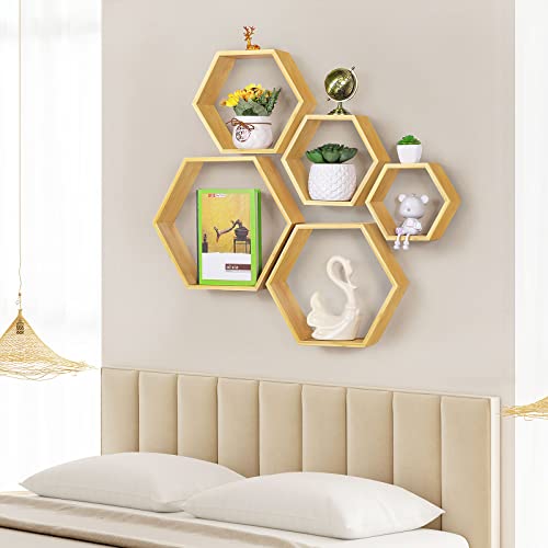 Hexagon Shelves Wall Floating Hexagonal Shelves Set Of 5 Honeycomb Bamboo Shelves Floating Storage Display Shelves For Wall Decor Honey Comb Shelf Farmhouse Hexagon Rack In Living Room Bedroom Study #TOP4
