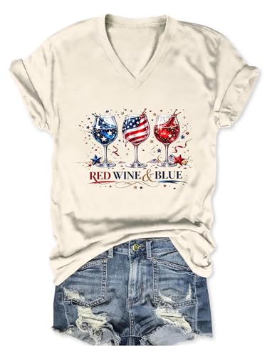 Red Wine Blue 4th of July Shirts for Women Patriotic Independence Day V Neck T Shirt Short Sleeve Summer Top