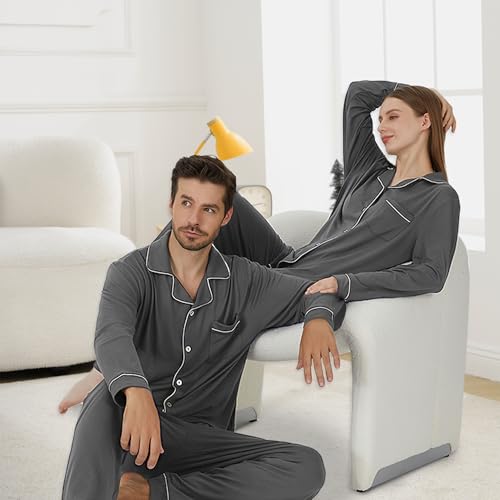 Matching Pajamas for Couples, Button Up Pjs Set for Men and Women Soft Warm Loungewear(Dark Grey Men, X-Large)3