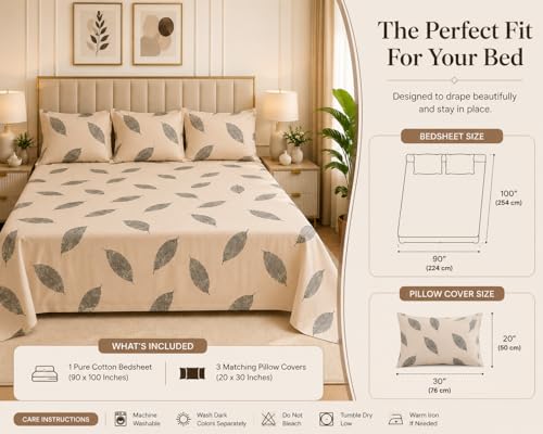Image of 100% Pure Cotton King Size Bedsheet with 3 Pillow Covers | Family Size 90 x 100 Inches | Soft & Breathable Cotton Bedsheet fits Double Bed, Queen Bed, King Bed | Beige Leaf Print