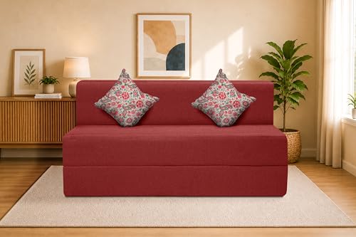 Image of Two Seater Sofa Cum Bed Jute Fabric 4 X 6 Ft| Space Saving Foldable Sofa Bed for Living Room & Guest Room | Comfortable Multi-Functional Furniture - Red