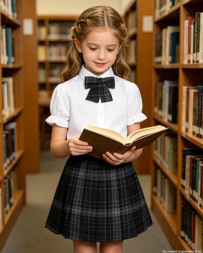 Image of Betusline Girls Skirt Set JK School Uniform 2-Piece Outfit - Short Sleeve Shirt with Bow & Pleated Skirt 4T-14Y