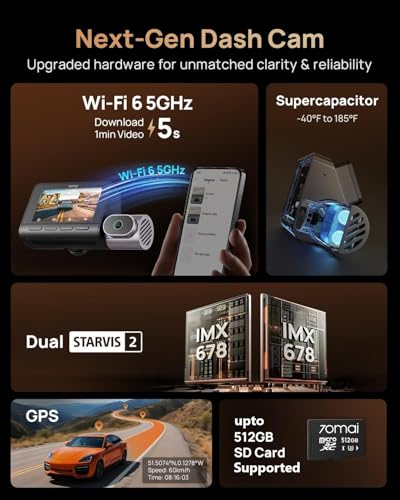 Image of 70mai 4K T800 3 Channel Dash Cam, Dash Cam Front and Rear Inside(2160P+2160P+1080P), STARVIS 2 IMX678, HDR Night Vision, WiFi 6, ADAS, Super-Capacitor, 24H Parking Mode, Upto 512GB Supported