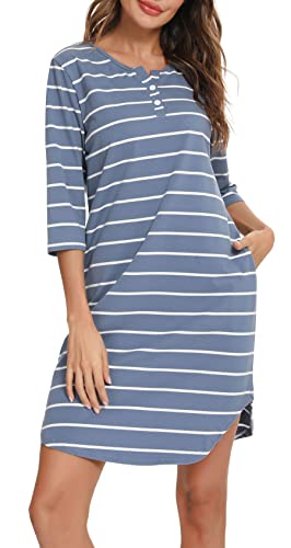 Vlazom 3/4 Ärmel Nachthemd V-Ausschnitt Damen Nachthemd mit Zwei Knöpfe Baumwolle Streifen Schlafhemd Damen Nachtwäsche mit Taschen(M,Stil A-Hellblau)