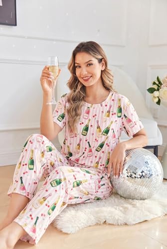 Image of Ekouaer Womens Satin Silky Pajama Set Short Sleeve Shirt with Long Pajama Pant Set Soft PJ Loungewear
