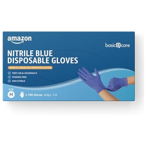 Amazon Basic Care Nitrile Disposable Gloves, Size M Cover