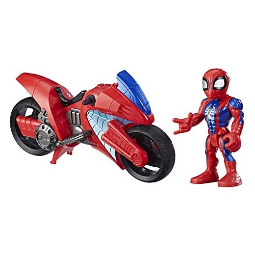 Hasbro E7929ES0 Playskool Heroes Marvel Super Hero Adventures Spider-Man Swingin' Speeder, 12,5 cm figur och motorcykel, leksak för barn från 3 år