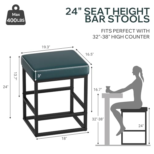 Image of Bar Stools Set of 6, 24in Counter Height Barstools, Faux Leather Counter Stools with Thick Square Seats & Sturdy Metal Base, Modern Bar Chairs for Kitchen Island (Navy Blue)
