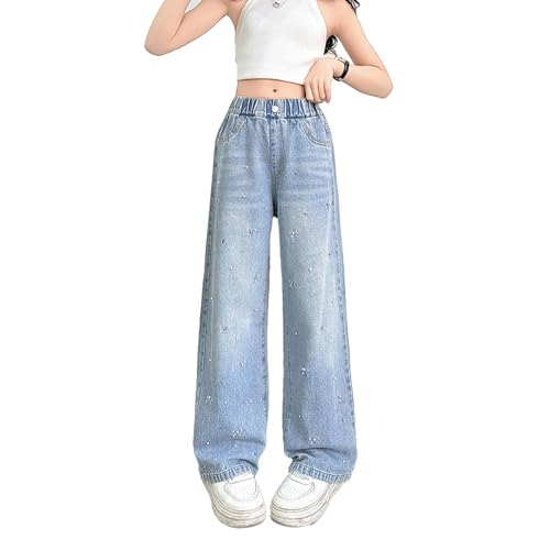 Baggy Jeans for Girls Embroidered Bows Rhinestone Wide Leg Pants Adjustable Waist Pearl Cute Jeans for Girls Preppy Coquette