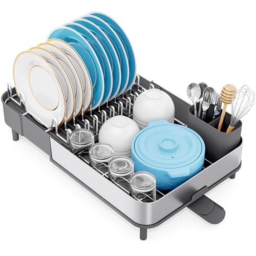 Image of Urackify Dish Drying Rack - Dish Drainer for Kitchen Counter, Stainless Steel Dish Rack with Swivel Draining Spout & Drain Board, Expandable Space-Saving Kitchen Dish Organizer for 3-4 People, Grey