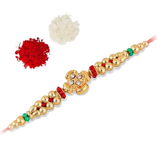 Image of Lucky Jewellery Rakhi for Brother, Golden Floral Stone Design, Red Thread, with Roli Chawal and Greeting Card