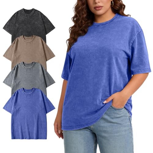 Image of PEHMEA 4 Pack Womens Plus Size Oversized T Shirts, Vintage Wash Short Sleeve Casual Tops, Unisex Workout Tees (XL-5XL)(Black+Grey+Blue+Khaki-XXL)
