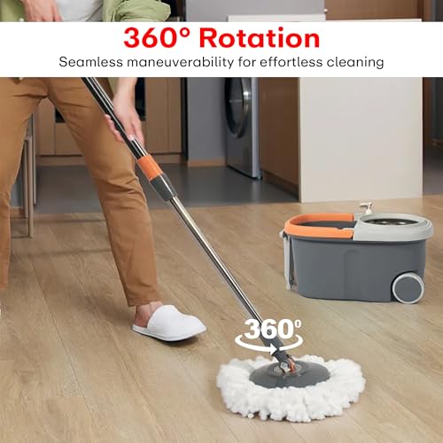 Image of Prime Pick Spin Mop with Stainless Steel Wringer & Big Wheels | 360 Rotating Mop, Adjustable Handle | Easy Floor Cleaning Bucket Set with 2 Microfiber Refills - Grey & Orange (46 x 24 x 22 cm)