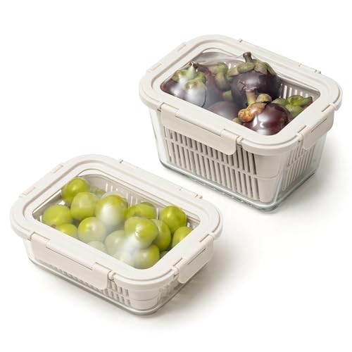 GENICOOK Glass Produce Storage Containers for Fridge, 2-Pack – Airtight Fruit &…