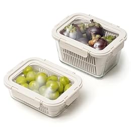 GENICOOK Glass Produce Storage Containers for Fridge, 2-Pack – Airtight Fruit & Vegetable Containers with Removable Colanders, Flexible Silicone Lids,LeakProof, BPA-Free Borosilicate Glass