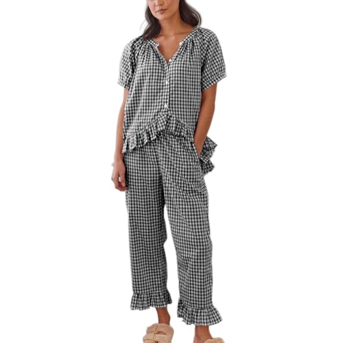 Image of Argeousgor Women Plaid 2 Piece Pajama Set Button Down Puff Sleeve Babydoll Shirt Gingham Pants Pj Lounge Set Sleepwear