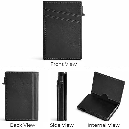 Image of VOGARD Pop-Up Card Holder for Men, RFID Blocking Slim Aluminium Case with Premium PU Leather, Automatic Card Ejector, Front Pocket Design (Black)