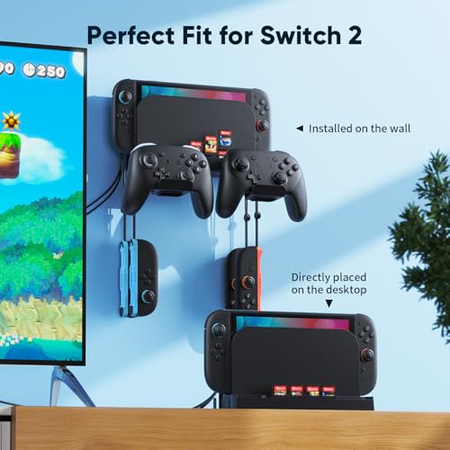 Image of Metal Wall Mount for Nintendo Switch 2 /1 /OLED (Mount Behind TV) | Switch 2 /Switch /OLED Organizer Shelf Stand Holder with 10 Game Card Slots & Hanger Brackets for Joycon*4