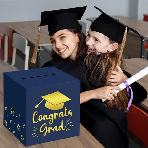 Image of Hooqict Graduation Card Box with Slot 9.1 inch Congrats Grad Blue Gold Money Card Box for Class of 2026 Graduation Decorations Money Envelope Gifts Cards Holder Grad Party Supplies