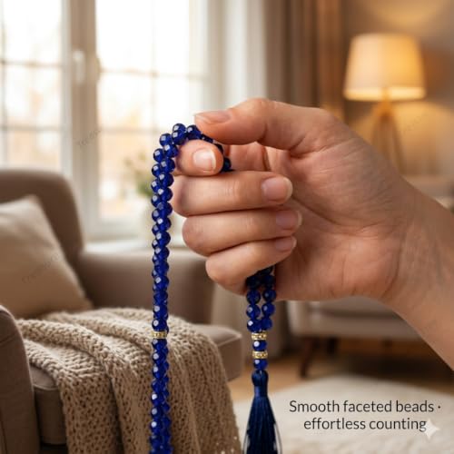 Image of Islamic Salat Prayer Tasbih - 100 Crystal White Beads - Tasbeeh for Dhikr, Zikr, and Meditation (Dark Blue)