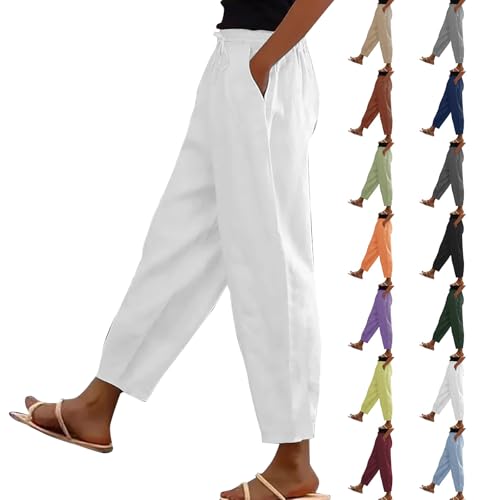 ladies summer trousers Cotton Linen Trousers Womens UK Solid Color Elasticated Waist Trouser Ladies Summer Lounge Pants Plain Loose Fit Capri Pant Casual Straight Leg Bottoms with Pockets White XL