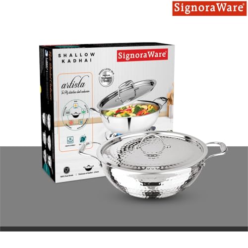 Image of Signoraware Artista Tri Ply Stainless Steel Hammered Shallow Kadhai 26cm with Lid | Gas & Induction Compatible | Stylish Indian Kadhai for Healthy Meal | Ideal for Daily Cooking (4 LTR | Steel)