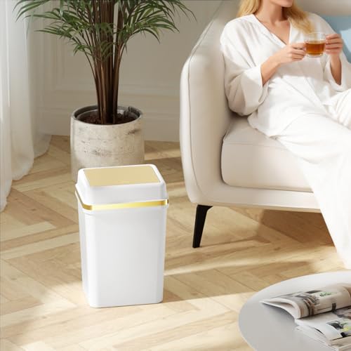 WSBArt 3 Pack Bathroom Trash Can with Lid 4 Gallon Small Trash Can with Press Top Lid White and Gold Bathroom Garbage Can with 150 Counts Trash Bags for Kitchen Bedroom Office by WSBArt - Used condition - Image 4