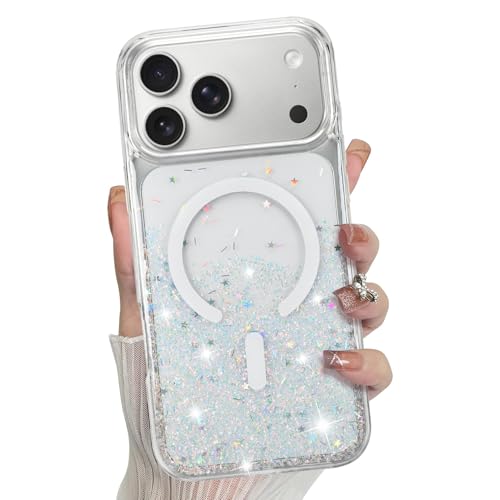 Bonoma for iPhone 17 Pro Case 2025 Sparkly Glitter Bling Back, Magnetic Compatible with MagSafe Shockproof, Crystal and Clear High-Duty Protection for Girls Women -Sparkly White by Bonoma - Used condition - US$16.85