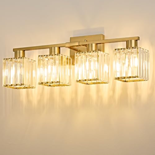 OKELI 4-Light Bathroom Light Fixtures, Gold Crystal Mirror Vanity Light