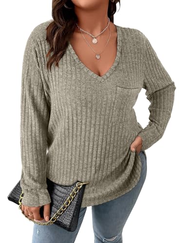 Image of Koscacy Women Plus Size Casual Knit Sweater with Pocket V Neck Solid Color Tops Lightweight Long Sleeve Blouses
