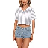 Women Short Baseball Jersey Cropped Sexy Shirt V Neck Button Tshirts Casual Sports Tops (Striped,XL)