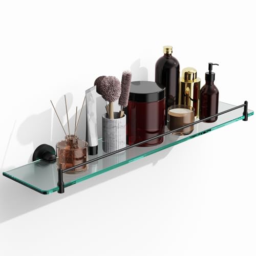 KOCOK 24 Inch Glass Bathroom Shelves,Matte Black Floating Shelves for Wall Rectangular Modern Stainless Steel Glass Shelf for Bathroom Shelves Wall Mounted