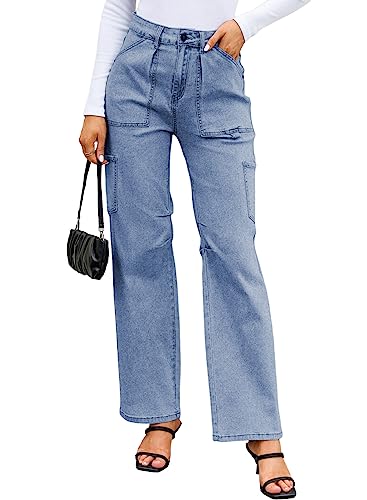 Dokotoo Women Womens Jeans Loose Fit Cargo Aesthetic Pants High Rise Baggy Boyfriend Cargo Jeans Casual Flap Pocket Y2K Pants Street Wear Blue #TOP22