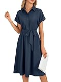 LYANER Women's Collar V Neck Button Front Tie Waist Short Sleeve Ruffle Hem Midi Dress Navy Blue Medium