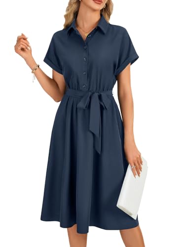LYANER Women's Collar V Neck Button Front Tie Waist Short Sleeve Ruffle Hem Midi Dress