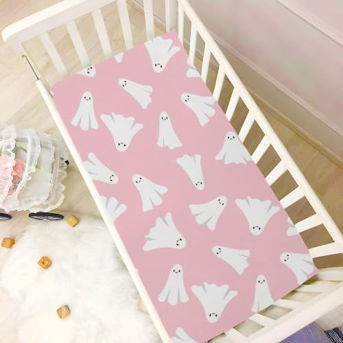 Image of Pfrewn Cute Halloween Crib Sheets for Girls Pink Halloween Ghost Fitted Crib Sheet Fits Standard Crib Mattress Pads Stretch Soft Toddler Baby Sheet, 52x28x9IN