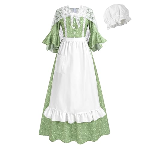 LTAKK Colonial Dress Women Prairie Pioneer Costume with Shawl, Green, Small