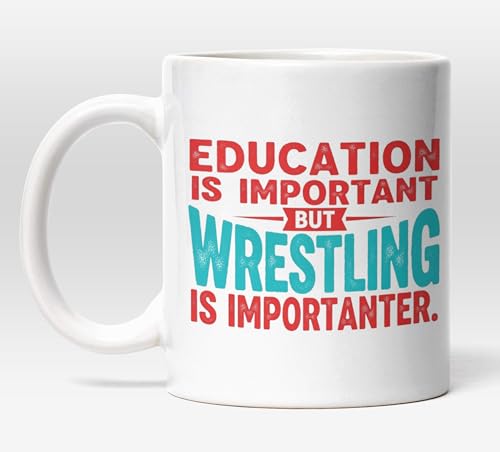 Millhouse Prints Wrestling is Importanter Mug – Funny Coffee Cup for Wrestlers and Fans – Bold Red & Blue Lettering Joke Drinkware