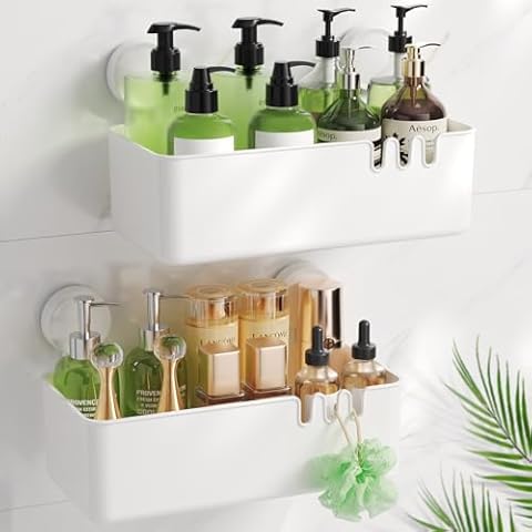 LUXEAR Shower Caddy Suction Cup Shower Basket 2 Pack, NO-Drilling Removable Plastic Shower Shelf Organizer for Bathroom Storage & Kitchen Max Hold 22lbs,Waterproof,One Second Installation Shower Rack Cover