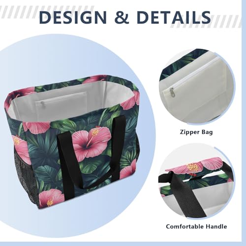 JUNZAN Hibiscus Flowers Tropical Utility Bags And Totes Foldable Beach Tote Sandproof Grocery Shopping Tote Canvas Laundry Bag Travel Pink3