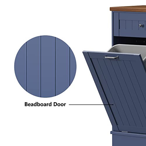 Tilt Out Trash Cabinet,Antique-Style Beadboard Kitchen Island with Solid Wood Tabletop & Drawer, Pet Proof Trash Can, Wood Laundry Cabinet (Blue, Double Door)