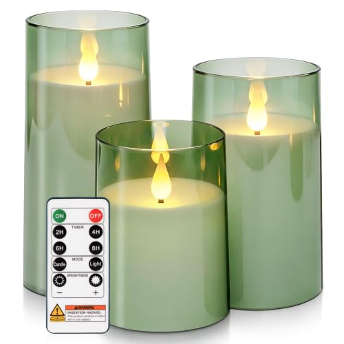 Image of Homemory Sage Green Flameless Candles, Acrylic LED Pillar Candles with Remote Timer, Set of 3
