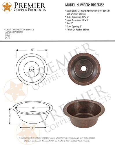 Premier Copper Products Br12Db2 12-Inch Round Hammered Copper Bar Sink With 2-Inch Drain Opening #TOP5