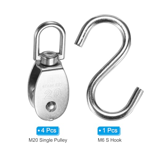 PATIKIL Bloco de polia única carga 75 kg M20 com gancho S, conjunto de 4 rolos de polia giratória de