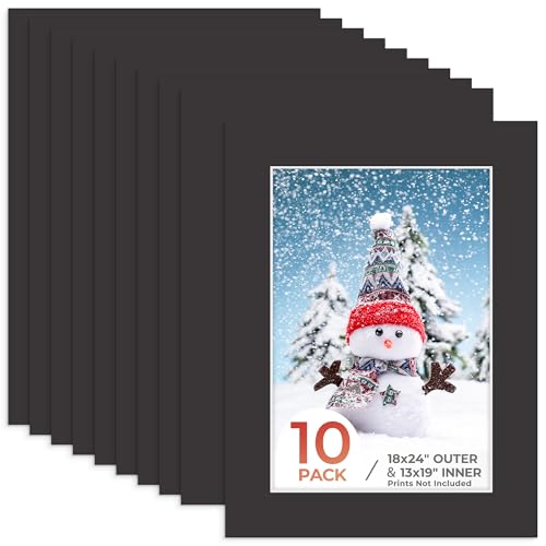 Frametory, 18x24 Photo Mat with White Core Bevel Edge 12.5x18.5 Openings, Acid Free Framing Matte for 13x19 Pictures, 4-ply Thick Black Paper Mats Pack of 10