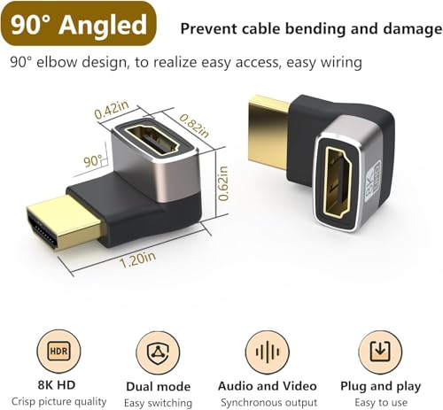 Image of Etzin HDMI Male to Female Adapter 8K 270 Degree Angle HDMI 2.1 Down 90 Degree Extension L-Shape Support 8K@60Hz /4K@120Hz HDR for TV Projector Laptop EPL-1407CC.